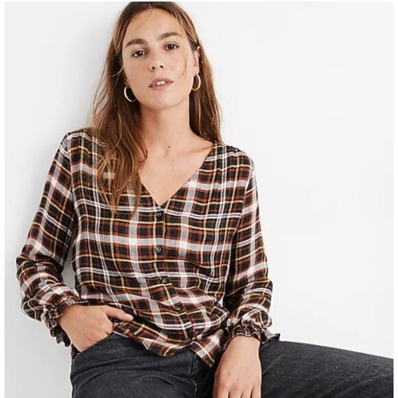 Madewell Plaid Flannel Ruffle Cuff Top Womens M Rust V-Neck Cozy Fall Feminine - Picture 4 of 12